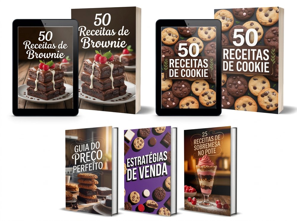 Páginas do livro digital de receitas de brownies e cookies